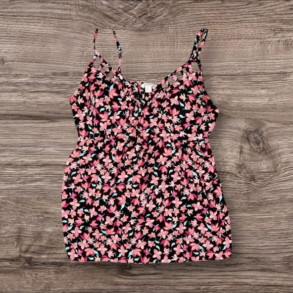 Candie's Pink and Black Dressy Floral Babydoll Tank w/ Built in Bra - Picture 1 of 3
